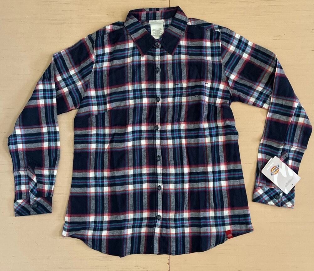Dickies Women's Size M Long Sleeve Button Up Plaid Flannel Shirt Brand New